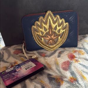 Loungefly Guardians of the Galaxy Blue and Gold Wallet with Intricate Emblem